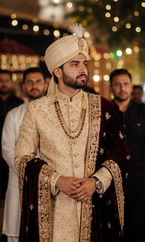 Groom in traditional sherwani on his Barat